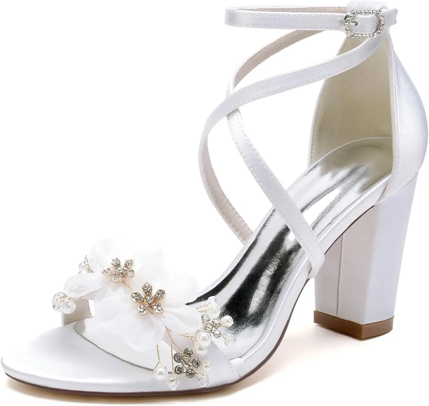 Wedding Bridal Heels Women Chunky Heels Toe Ankle Strap Heeled Sandals Satin Bridesmaid Dressy Trendy Heels Prom Party Dress Shoes 8.5