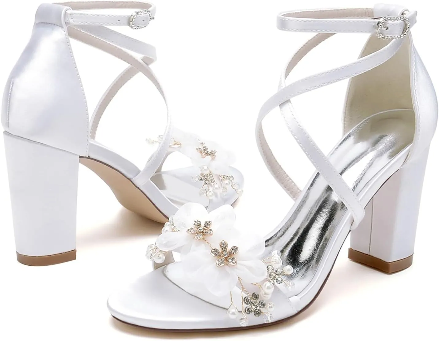 Wedding Bridal Heels Women Chunky Heels Toe Ankle Strap Heeled Sandals Satin Bridesmaid Dressy Trendy Heels Prom Party Dress Shoes 8.5