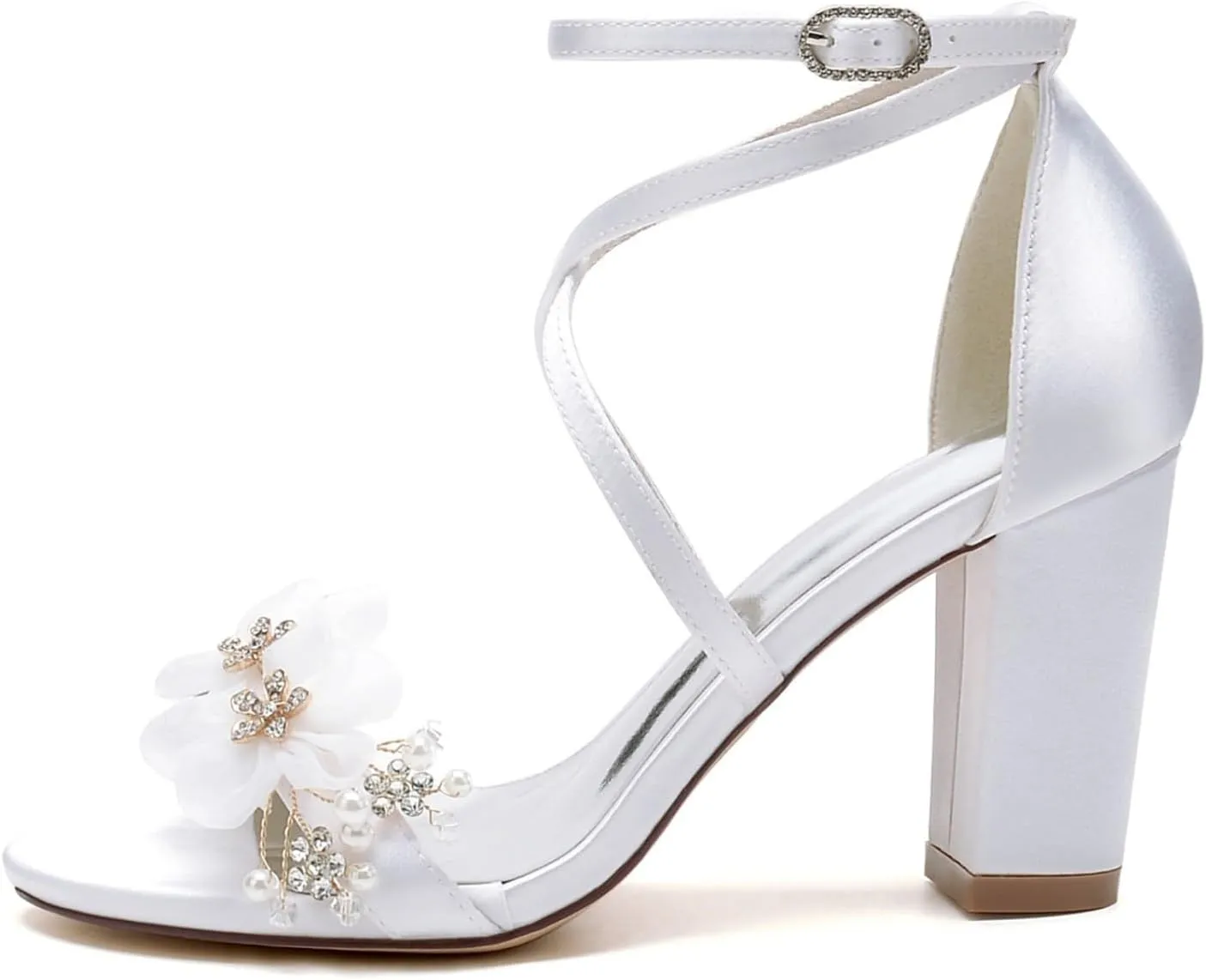 Wedding Bridal Heels Women Chunky Heels Toe Ankle Strap Heeled Sandals Satin Bridesmaid Dressy Trendy Heels Prom Party Dress Shoes 8.5