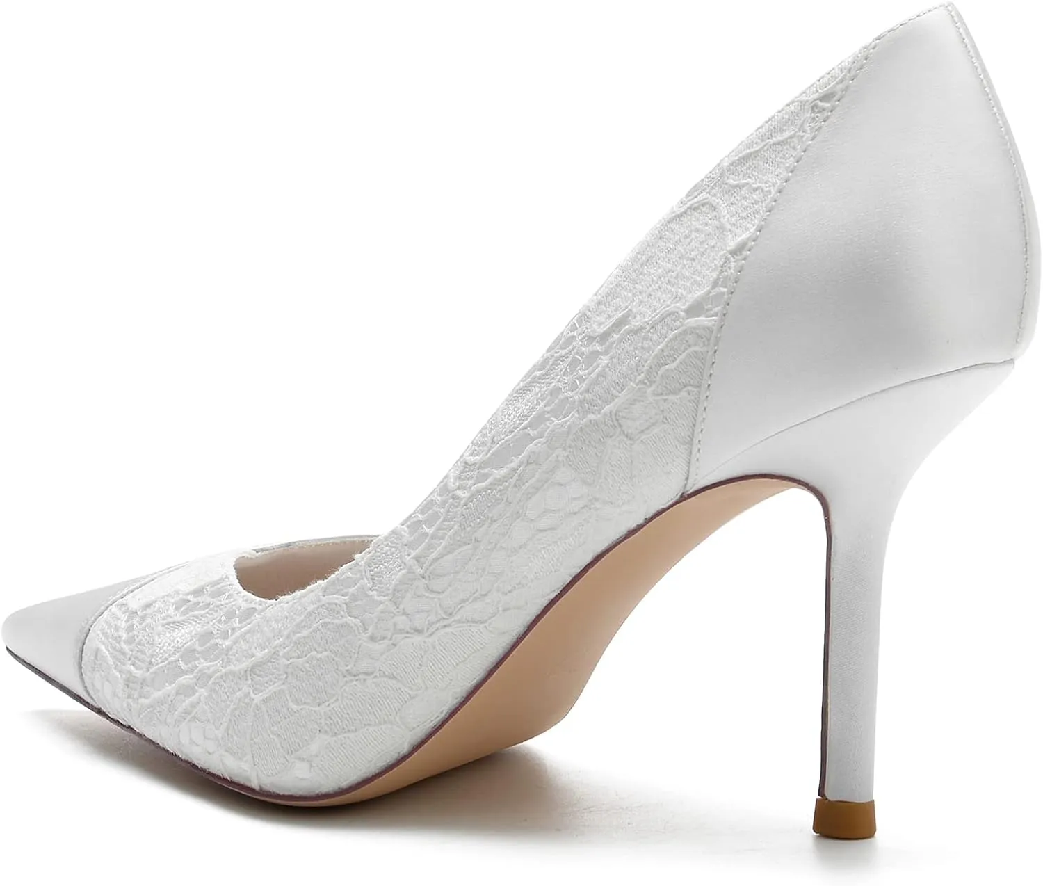 Wedding Bridal Pumps Women's Lace Pointed Toe Stiletto Heeled Satin Prom Dress Party Slip-On High Heels 8.5Cm
