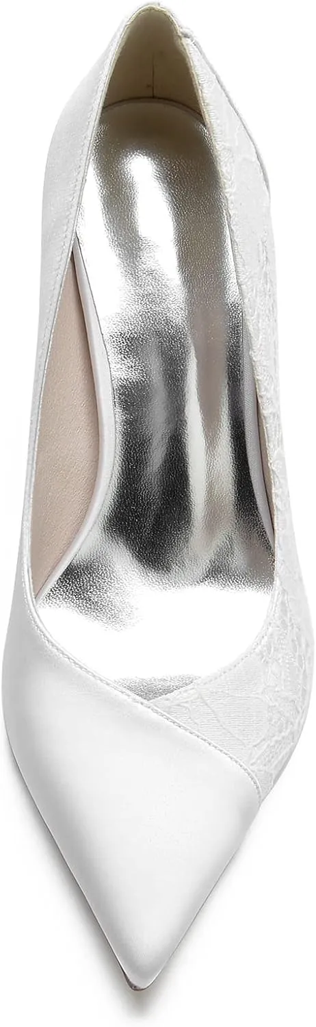 Wedding Bridal Pumps Women's Lace Pointed Toe Stiletto Heeled Satin Prom Dress Party Slip-On High Heels 8.5Cm