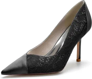 Wedding Bridal Pumps Women's Lace Pointed Toe Stiletto Heeled Satin Prom Dress Party Slip-On High Heels 8.5Cm