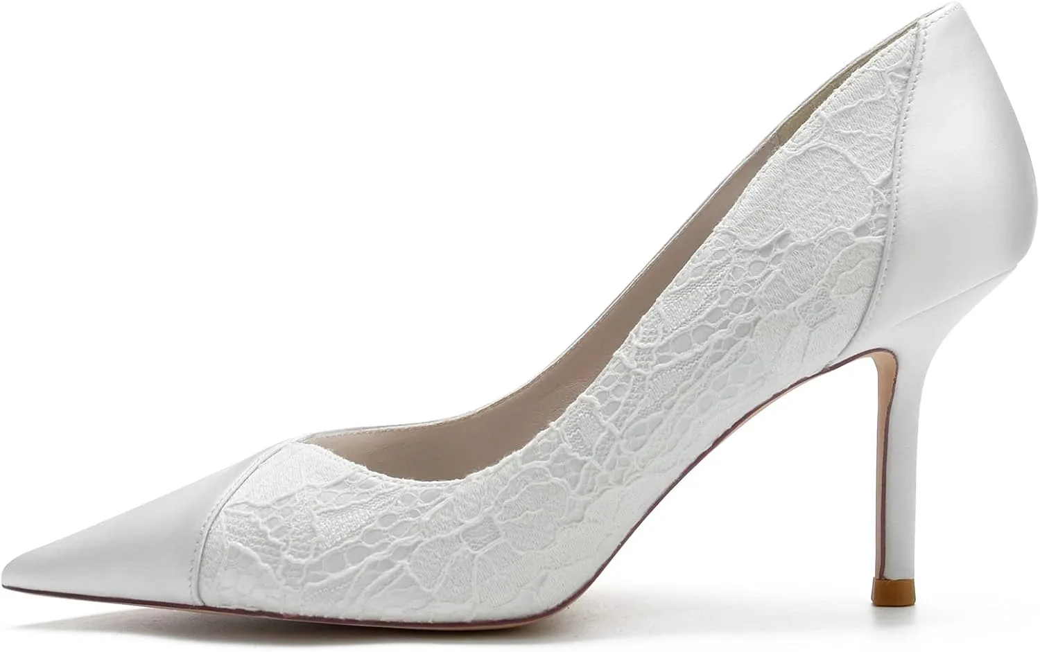 Wedding Bridal Pumps Women's Lace Pointed Toe Stiletto Heeled Satin Prom Dress Party Slip-On High Heels 8.5Cm