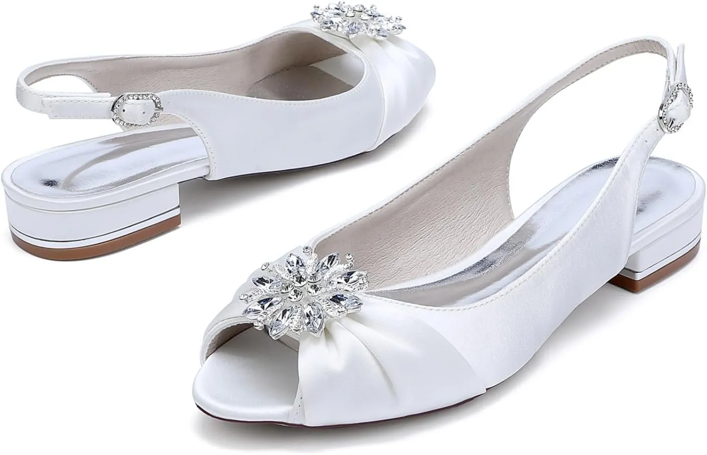 Wedding Bridal Shoes Womens Peep Toe Satin Dress Flats Shoes Bride Flat Sandals 2.5Cm