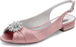 Wedding Bridal Shoes Womens Peep Toe Satin Dress Flats Shoes Bride Flat Sandals 2.5Cm