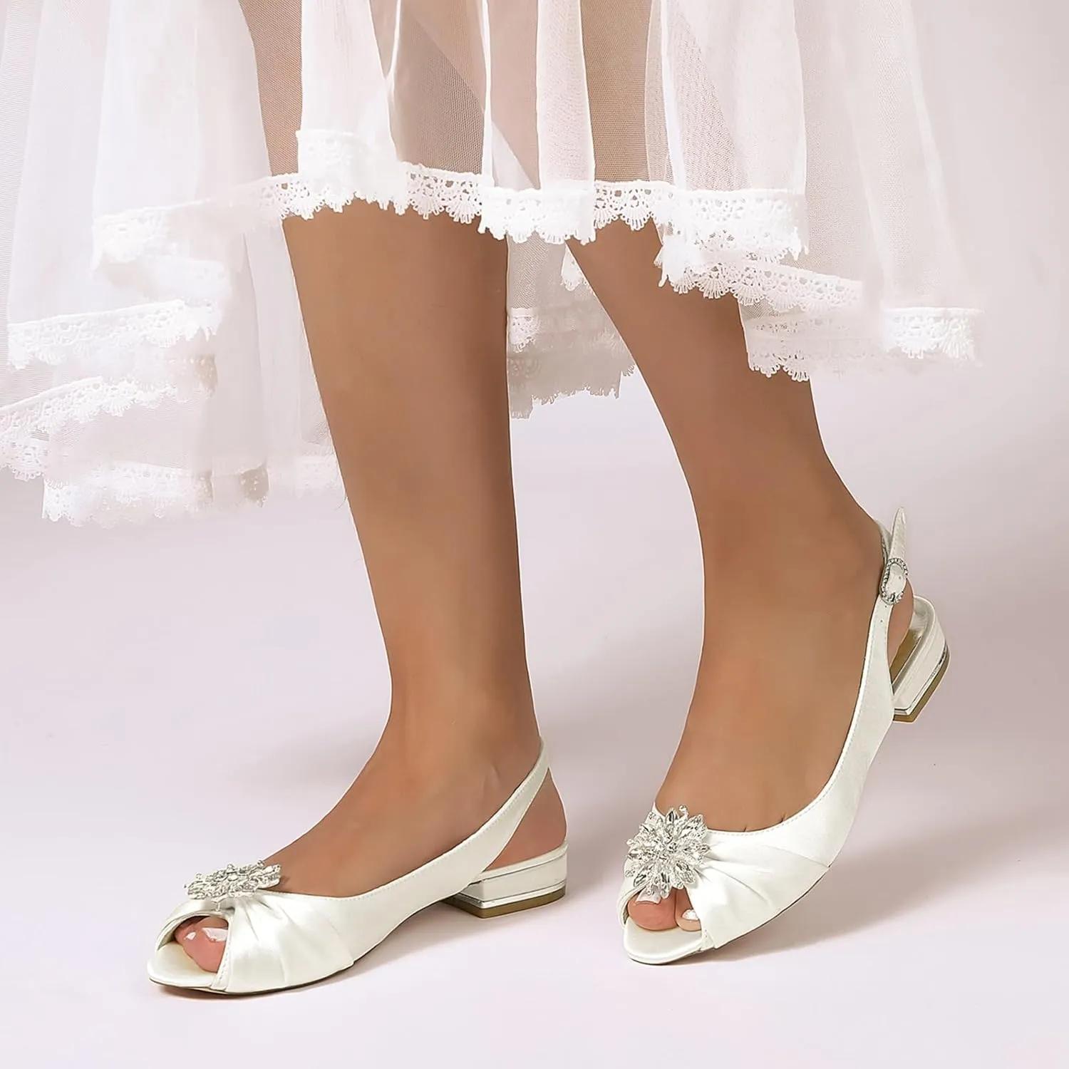 Wedding Bridal Shoes Womens Peep Toe Satin Dress Flats Shoes Bride Flat Sandals 2.5Cm
