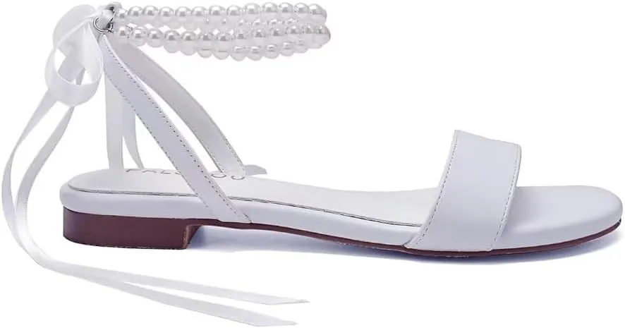 Wedding Shoes for Bride Flat Sandals Open Toe Pearl Bridal Shoes Flat Wedding Sandals