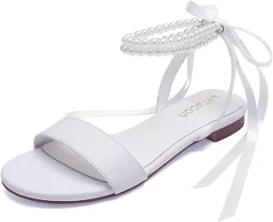 Wedding Shoes for Bride Flat Sandals Open Toe Pearl Bridal Shoes Flat Wedding Sandals