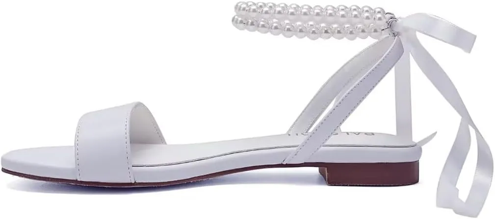 Wedding Shoes for Bride Flat Sandals Open Toe Pearl Bridal Shoes Flat Wedding Sandals