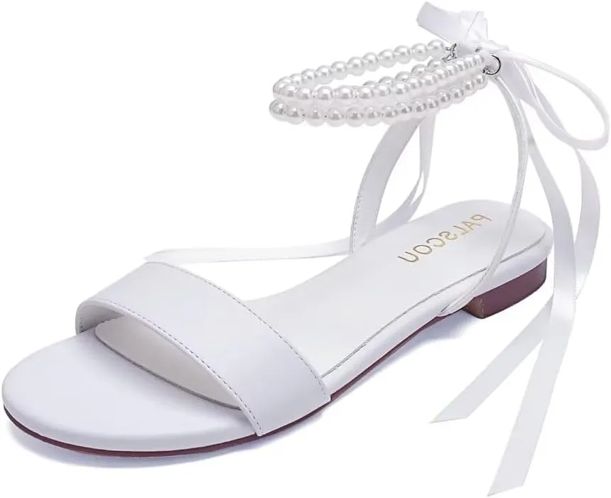 Wedding Shoes for Bride Flat Sandals Open Toe Pearl Bridal Shoes Flat Wedding Sandals