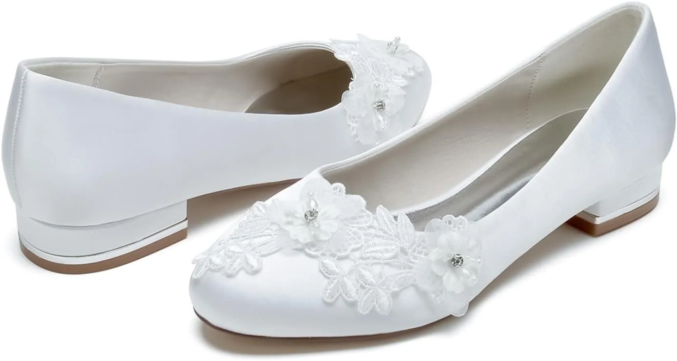 Wedding Shoes for Bride Women's Flats Round Toe Slip on Satin Ballet Flat Comfortable Lace Flats Dressy Bridal Flat 2.5Cm