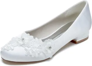 Wedding Shoes for Bride Women's Flats Round Toe Slip on Satin Ballet Flat Comfortable Lace Flats Dressy Bridal Flat 2.5Cm