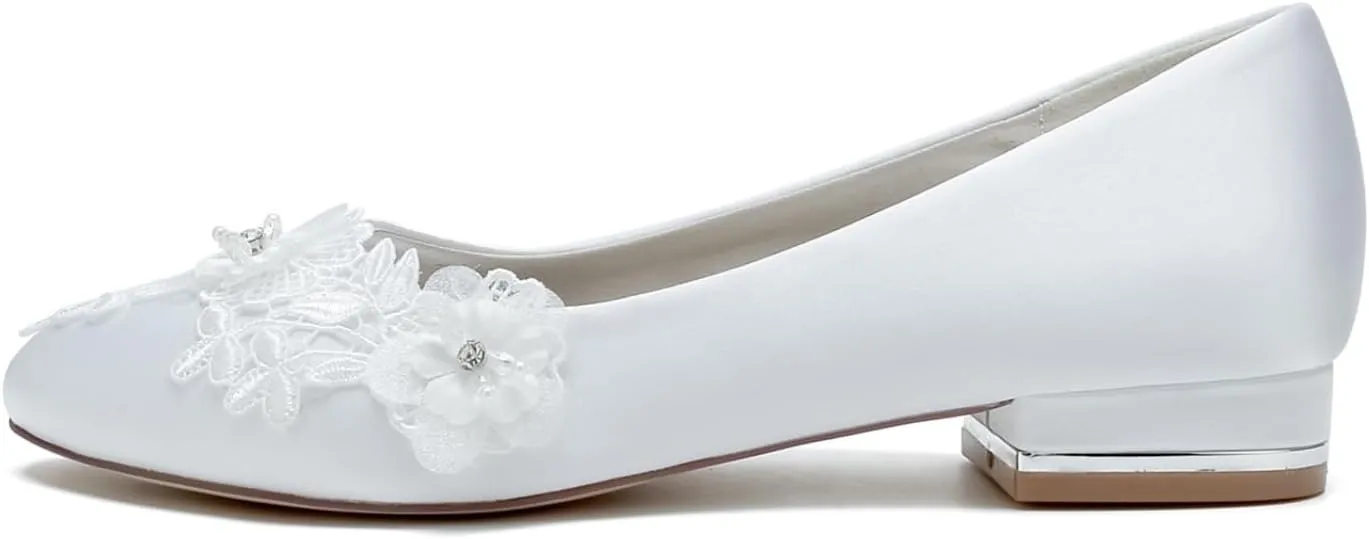 Wedding Shoes for Bride Women's Flats Round Toe Slip on Satin Ballet Flat Comfortable Lace Flats Dressy Bridal Flat 2.5Cm