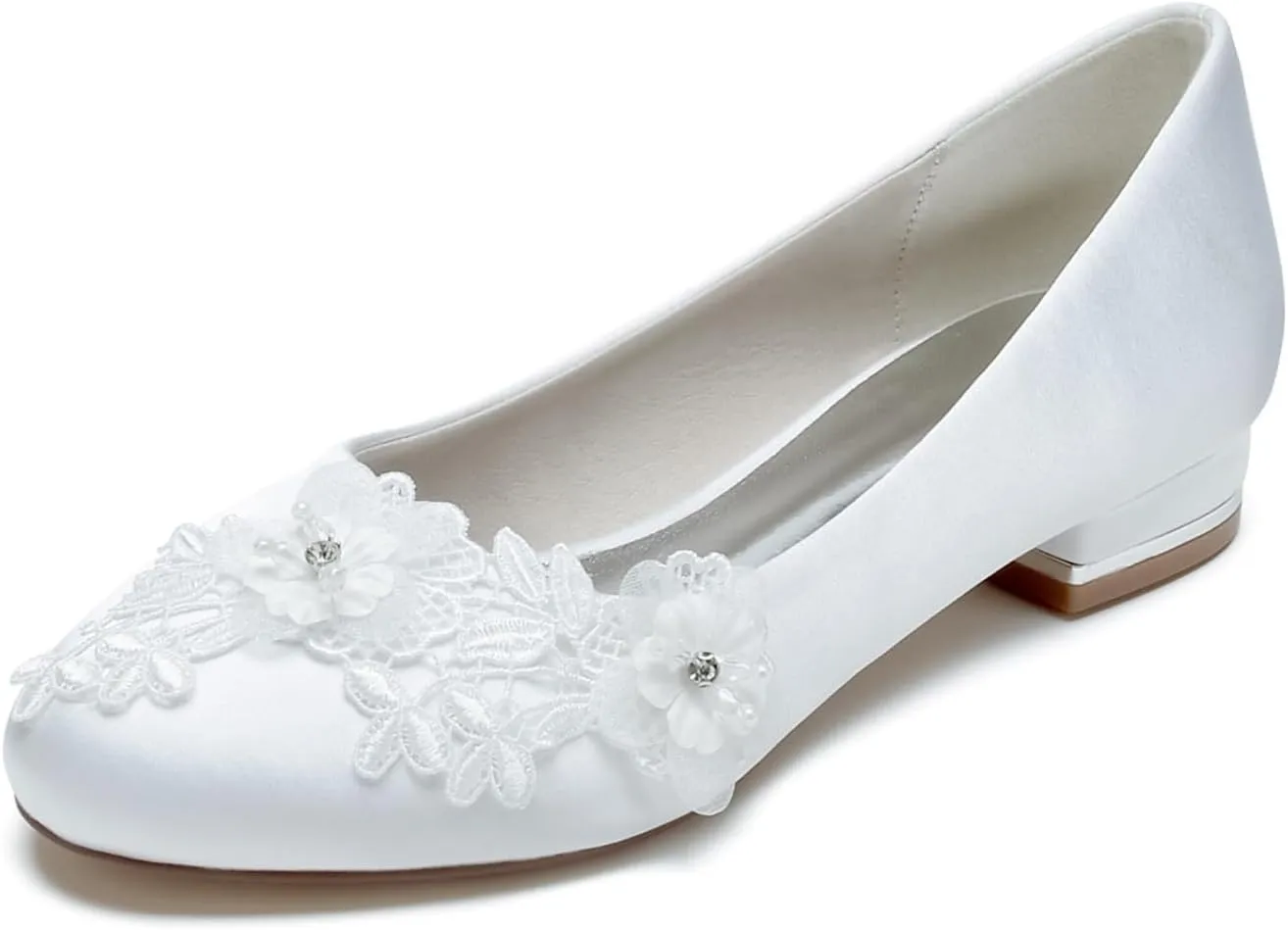 Wedding Shoes for Bride Women's Flats Round Toe Slip on Satin Ballet Flat Comfortable Lace Flats Dressy Bridal Flat 2.5Cm