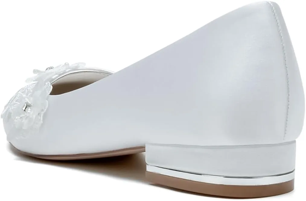 Wedding Shoes for Bride Women's Flats Round Toe Slip on Satin Ballet Flat Comfortable Lace Flats Dressy Bridal Flat 2.5Cm