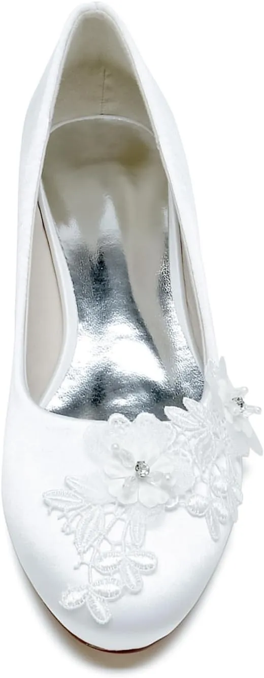 Wedding Shoes for Bride Women's Flats Round Toe Slip on Satin Ballet Flat Comfortable Lace Flats Dressy Bridal Flat 2.5Cm
