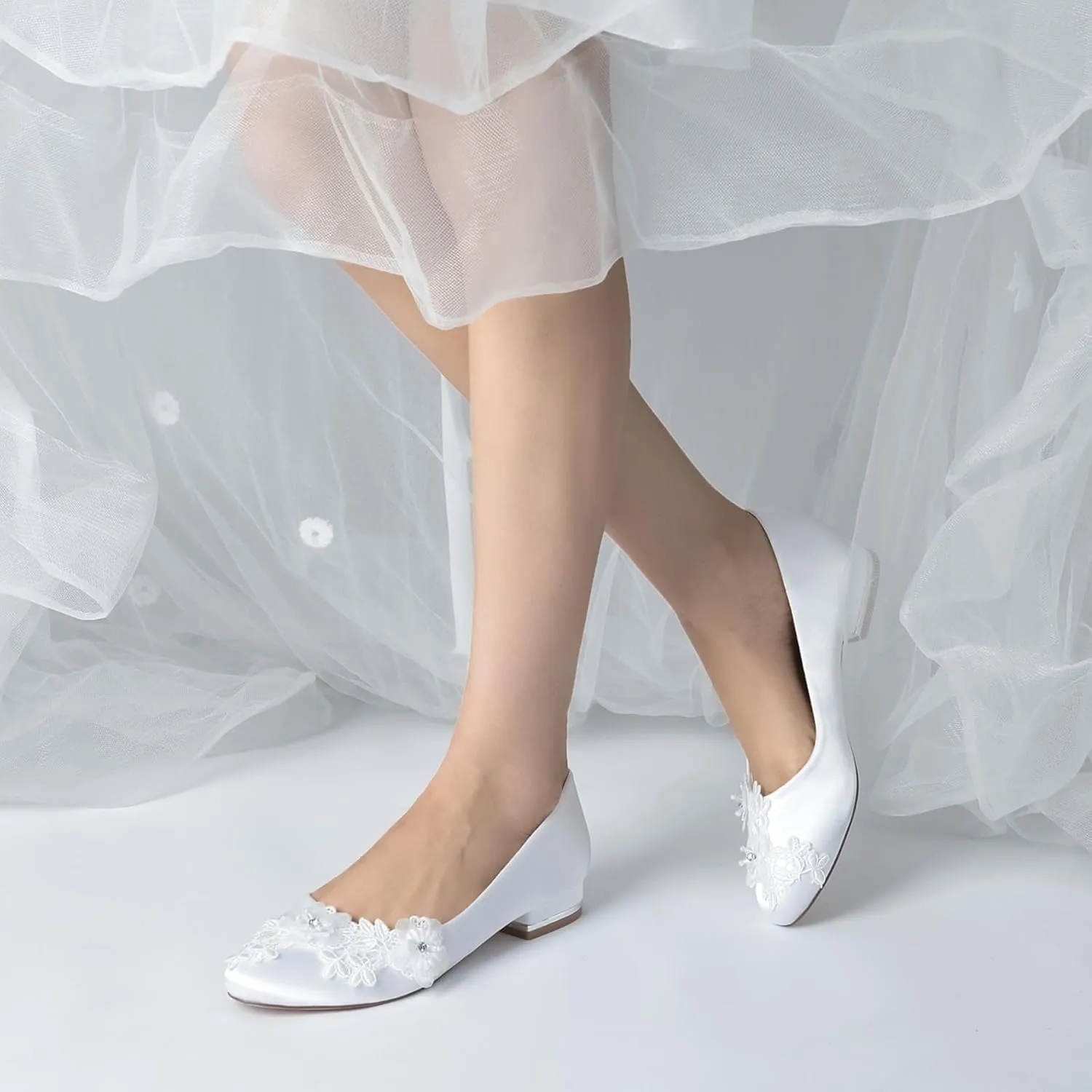 Wedding Shoes for Bride Women's Flats Round Toe Slip on Satin Ballet Flat Comfortable Lace Flats Dressy Bridal Flat 2.5Cm