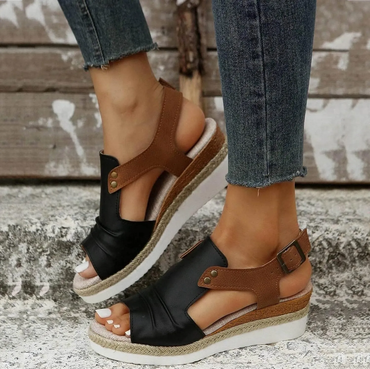 Wedge Sandals for Women Dressy Summer 2025, Women Espadrilles Wedges Ankle Strap Open Toe Sandals Wedge Platform Sandals Ladies Slip on Sandals Casual Low Heels Sandals