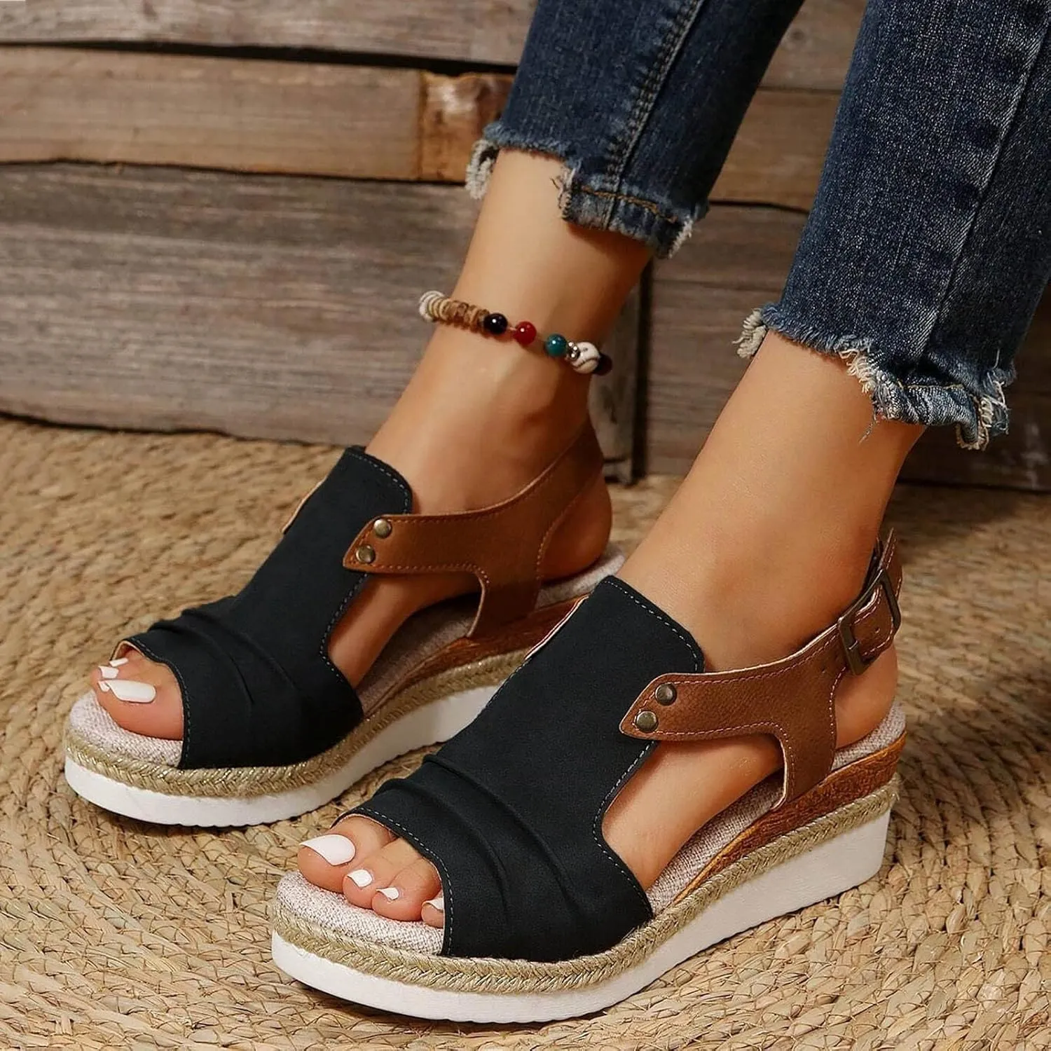 Wedge Sandals for Women Dressy Summer 2025, Women Espadrilles Wedges Ankle Strap Open Toe Sandals Wedge Platform Sandals Ladies Slip on Sandals Casual Low Heels Sandals