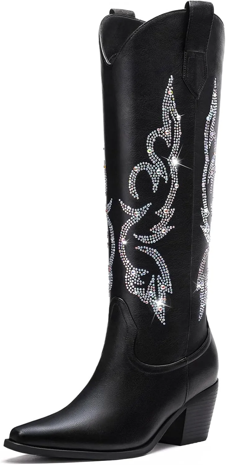 White Cowboy Boots for Women - Wide Calf Rhinestone Cowgirl Boots, Women Knee High Western Boots, Glitter Sparkly Ladies Tall Boots with Classic Embroidery and Side Zipper, Retro Classic Country Boots Pull On for Ladies