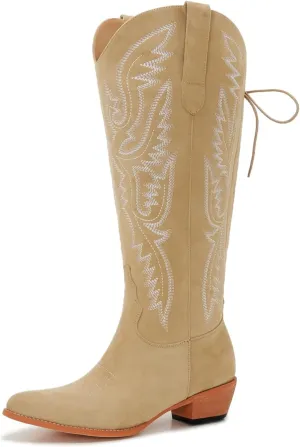 Wide Calf Cowboy Boots Women Adjustable Lace Up Knee High Tall Plus Size Cowgirl Boots Western Style Comfortable 2-Inch Heel