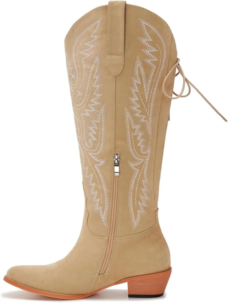 Wide Calf Cowboy Boots Women Adjustable Lace Up Knee High Tall Plus Size Cowgirl Boots Western Style Comfortable 2-Inch Heel