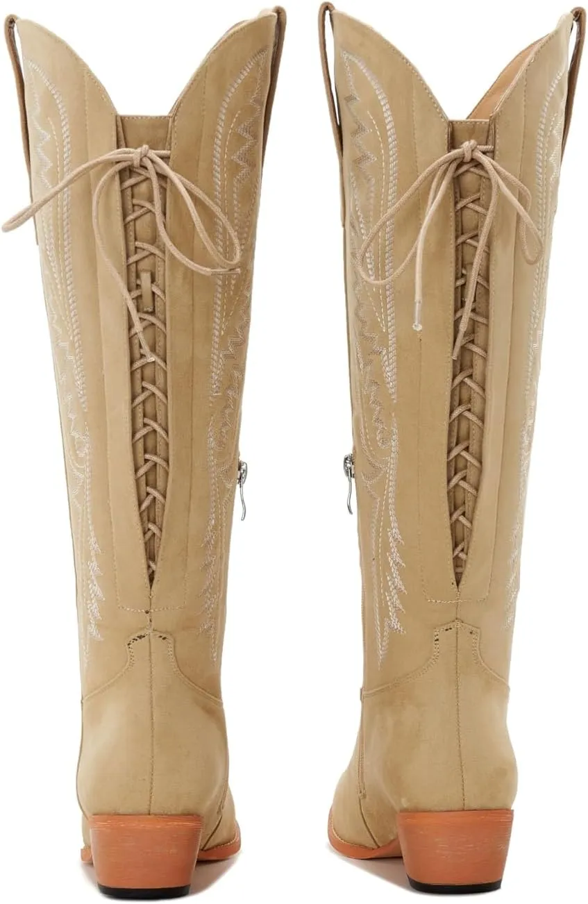 Wide Calf Cowboy Boots Women Adjustable Lace Up Knee High Tall Plus Size Cowgirl Boots Western Style Comfortable 2-Inch Heel
