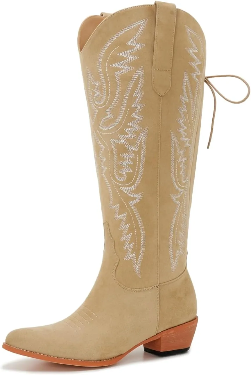 Wide Calf Cowboy Boots Women Adjustable Lace Up Knee High Tall Plus Size Cowgirl Boots Western Style Comfortable 2-Inch Heel