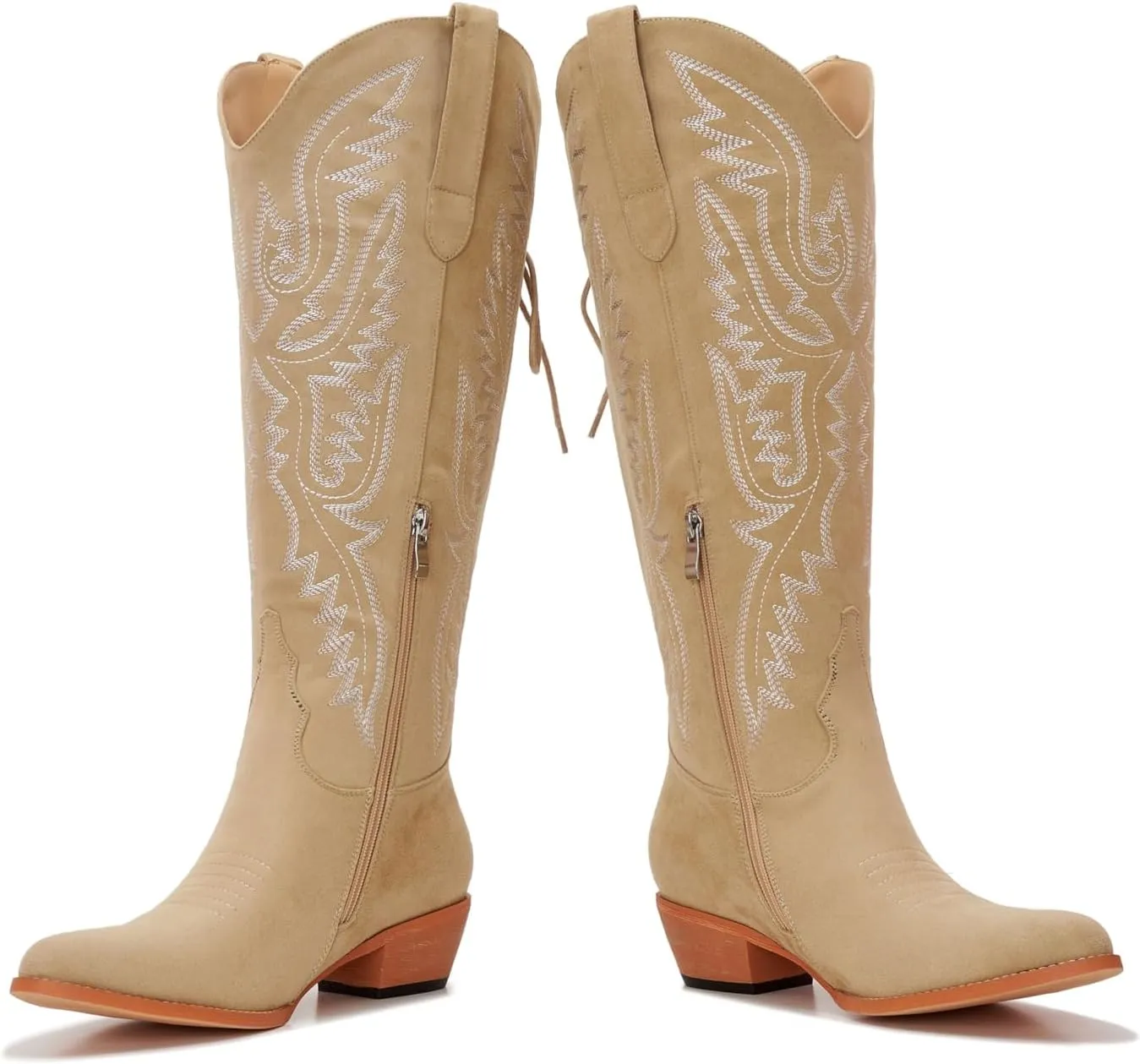 Wide Calf Cowboy Boots Women Adjustable Lace Up Knee High Tall Plus Size Cowgirl Boots Western Style Comfortable 2-Inch Heel