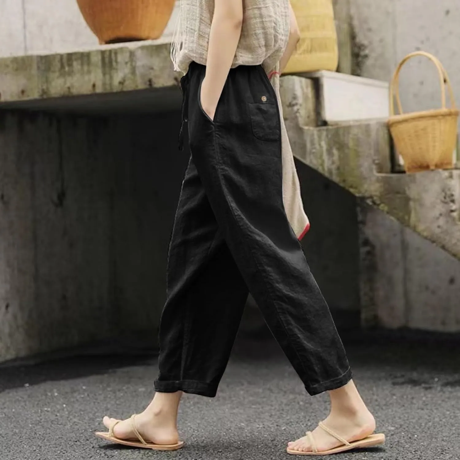 Wide Leg Linen Pants Woman Comfy Linen Pants Waist Trouser Wide Leg Pant with Pocket Fashion Pant Linen Cropped Pants