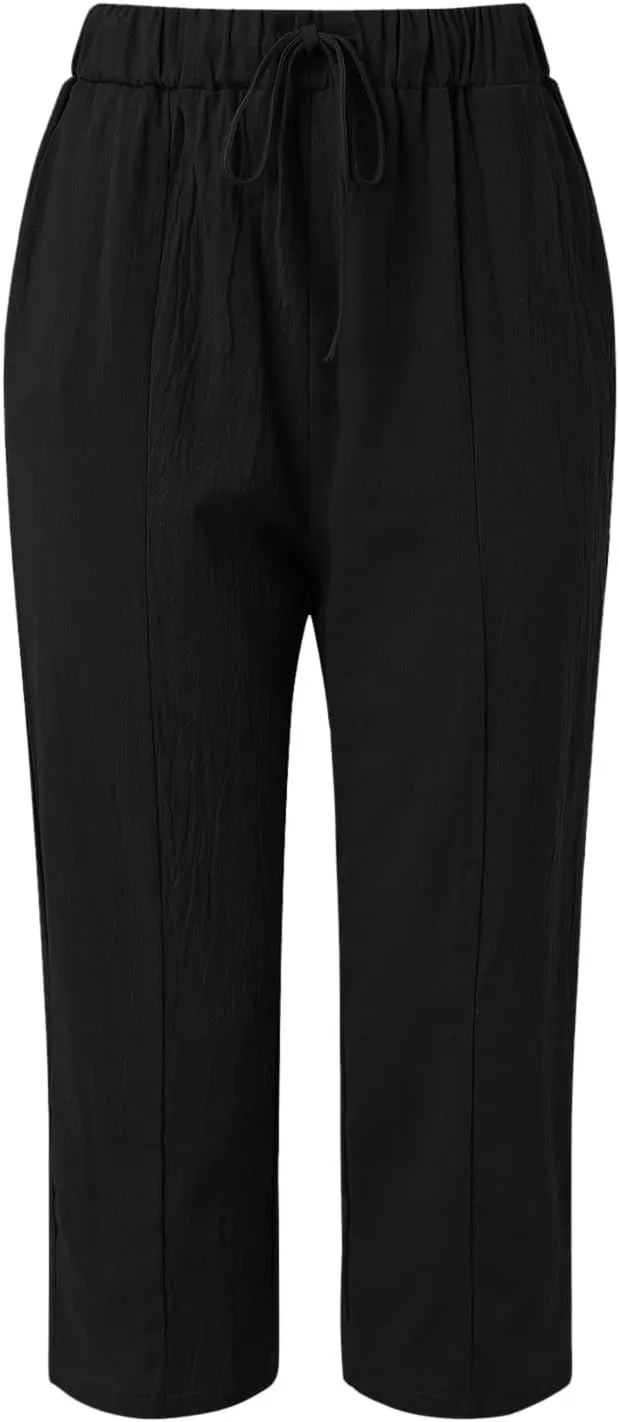 Wide Leg Linen Pants Woman Comfy Linen Pants Waist Trouser Wide Leg Pant with Pocket Fashion Pant Linen Cropped Pants