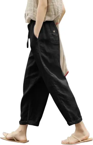 Wide Leg Linen Pants Woman Comfy Linen Pants Waist Trouser Wide Leg Pant with Pocket Fashion Pant Linen Cropped Pants