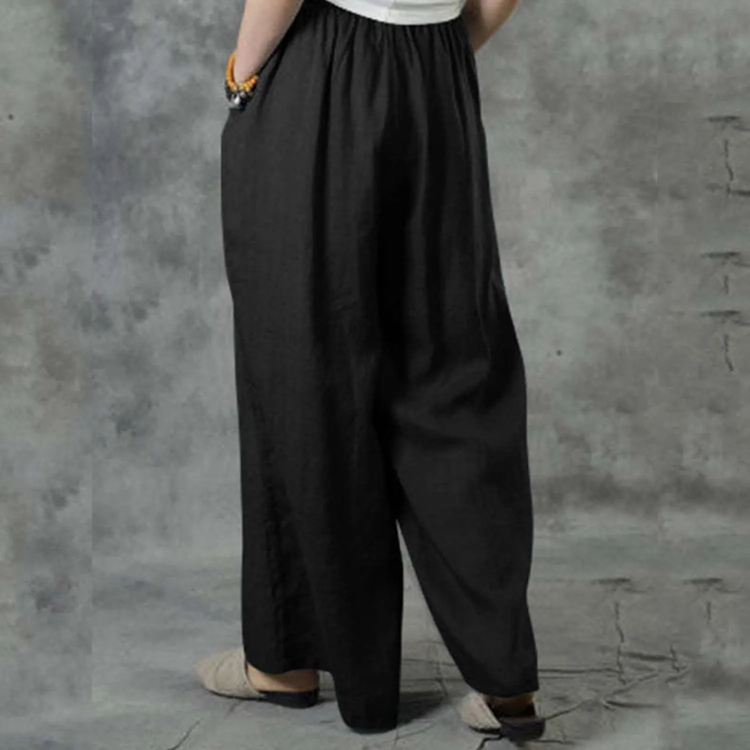 Wide Linen Pants for Women High Waisted Pant Smocked Pleated Loose Fit Casual Trousers Linen Blend Pants