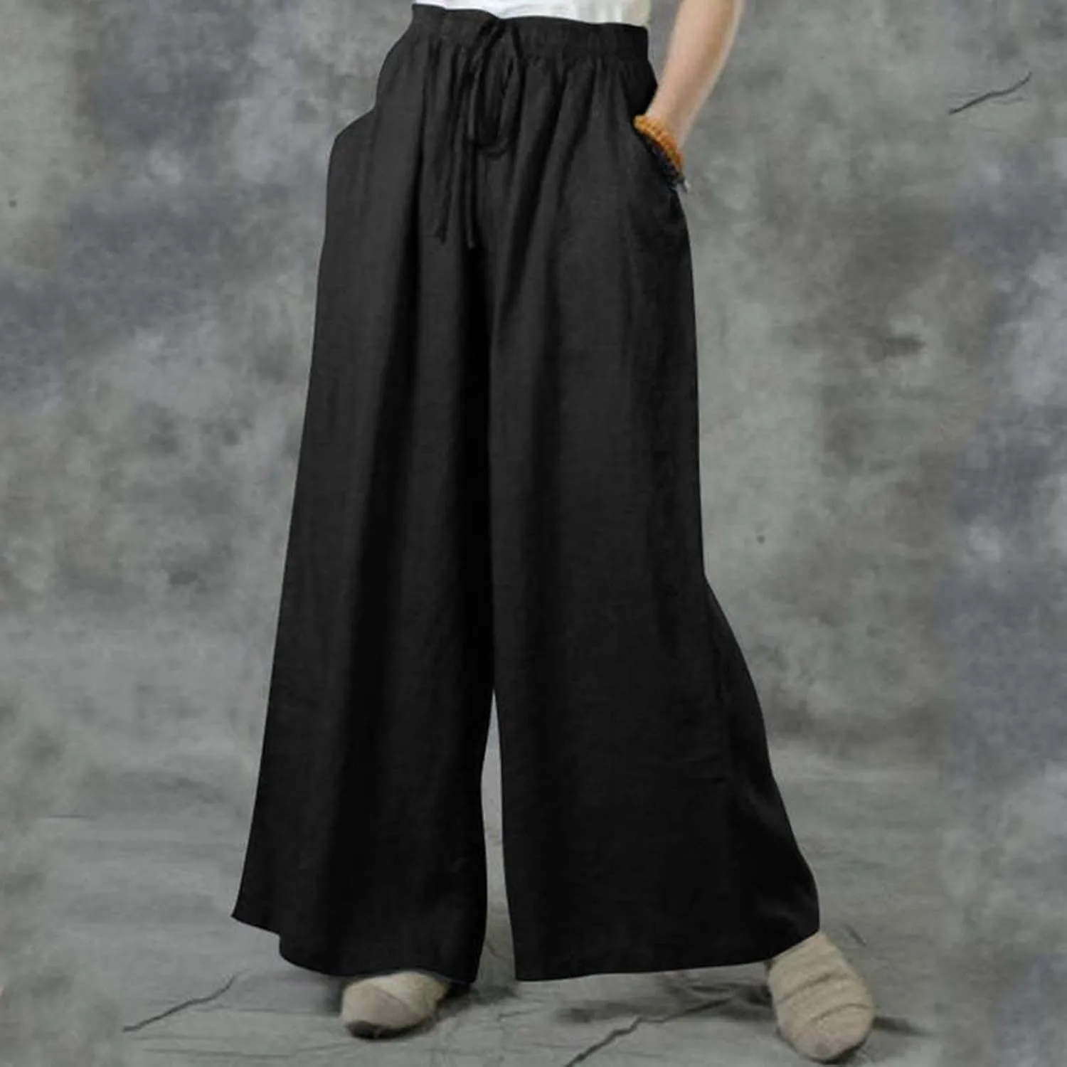Wide Linen Pants for Women High Waisted Pant Smocked Pleated Loose Fit Casual Trousers Linen Blend Pants