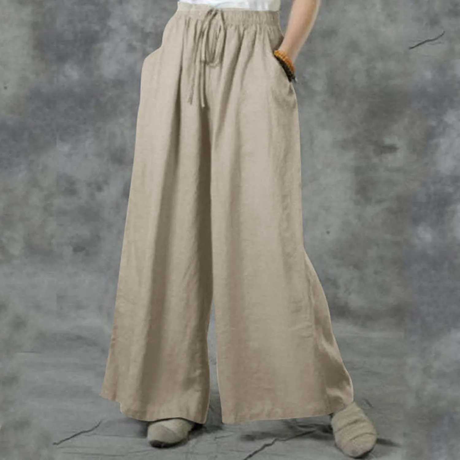 Wide Linen Pants for Women High Waisted Pant Smocked Pleated Loose Fit Casual Trousers Linen Blend Pants