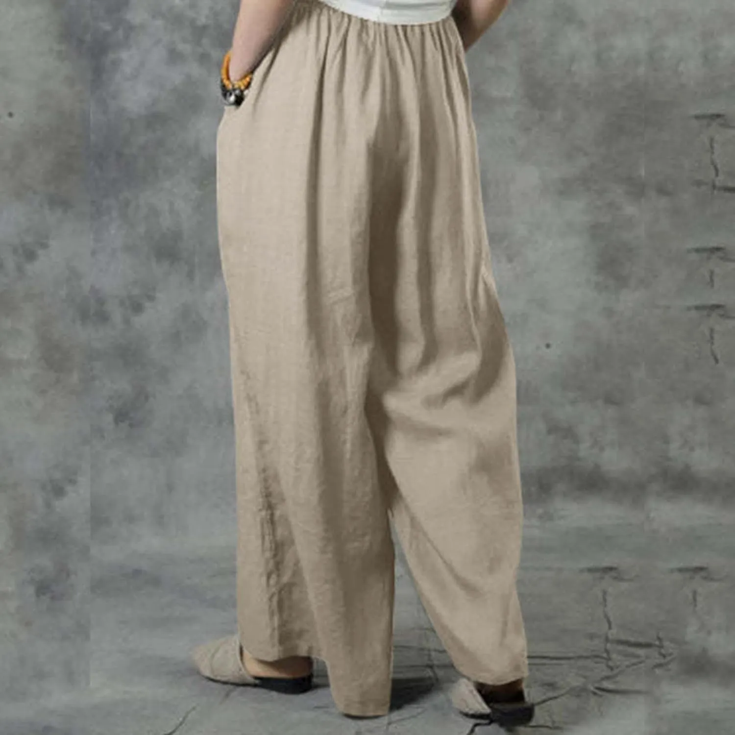 Wide Linen Pants for Women High Waisted Pant Smocked Pleated Loose Fit Casual Trousers Linen Blend Pants