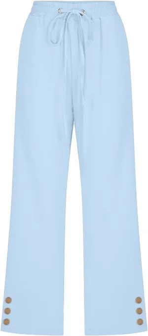 Women 3/4 Length Linen Pants Trendy Wide Leg Button Pleated High Waist Trousers Hawaiian Beach Boho Flowy Casual Pant