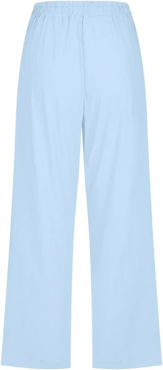 Women 3/4 Length Linen Pants Trendy Wide Leg Button Pleated High Waist Trousers Hawaiian Beach Boho Flowy Casual Pant