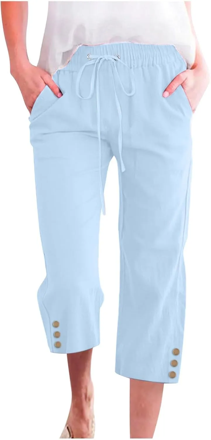 Women 3/4 Length Linen Pants Trendy Wide Leg Button Pleated High Waist Trousers Hawaiian Beach Boho Flowy Casual Pant