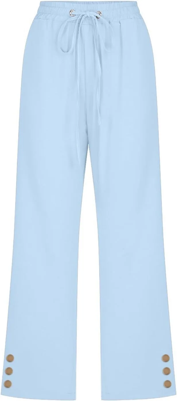 Women 3/4 Length Linen Pants Trendy Wide Leg Button Pleated High Waist Trousers Hawaiian Beach Boho Flowy Casual Pant