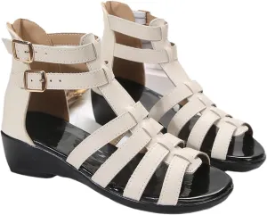 Women Black Leather High Top Gladiator Sandals,Summer Peep Toe Hollow Back Zipper Dressy Flat Roman Sandals Wedges Sandals