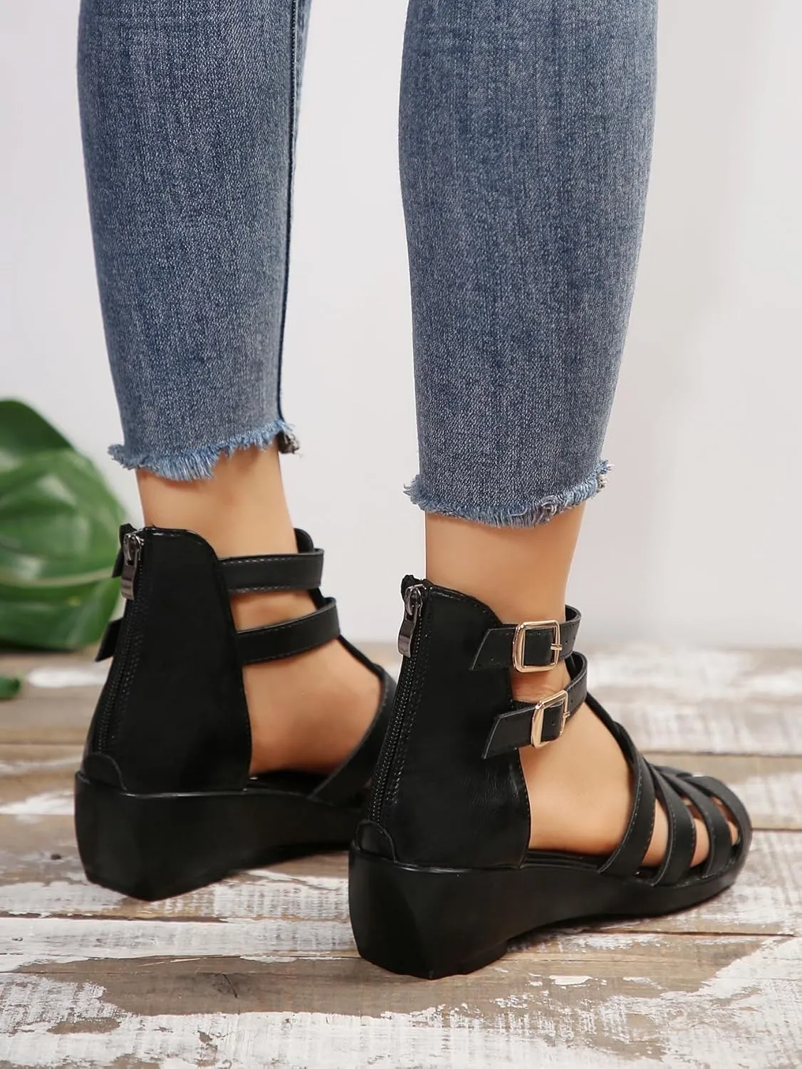 Women Black Leather High Top Gladiator Sandals,Summer Peep Toe Hollow Back Zipper Dressy Flat Roman Sandals Wedges Sandals