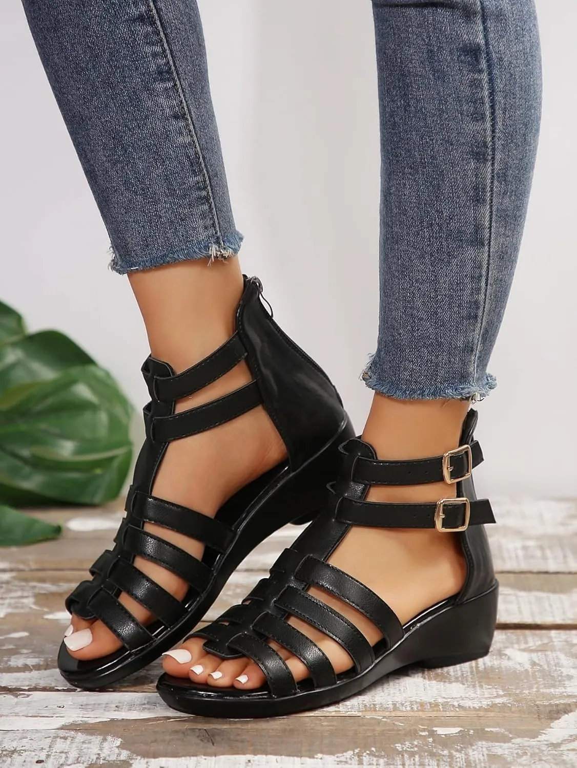 Women Black Leather High Top Gladiator Sandals,Summer Peep Toe Hollow Back Zipper Dressy Flat Roman Sandals Wedges Sandals