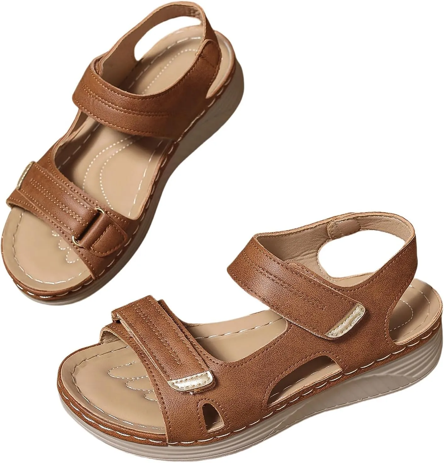 Women Comfortable Sandals Orthotic Walking Orthopedic Arch Support Dressy Casual Platform Hollow Flat Sandal Non-Slip Peep Toe Slingback Wide Width Adjustable Hook Loop Flip Flops