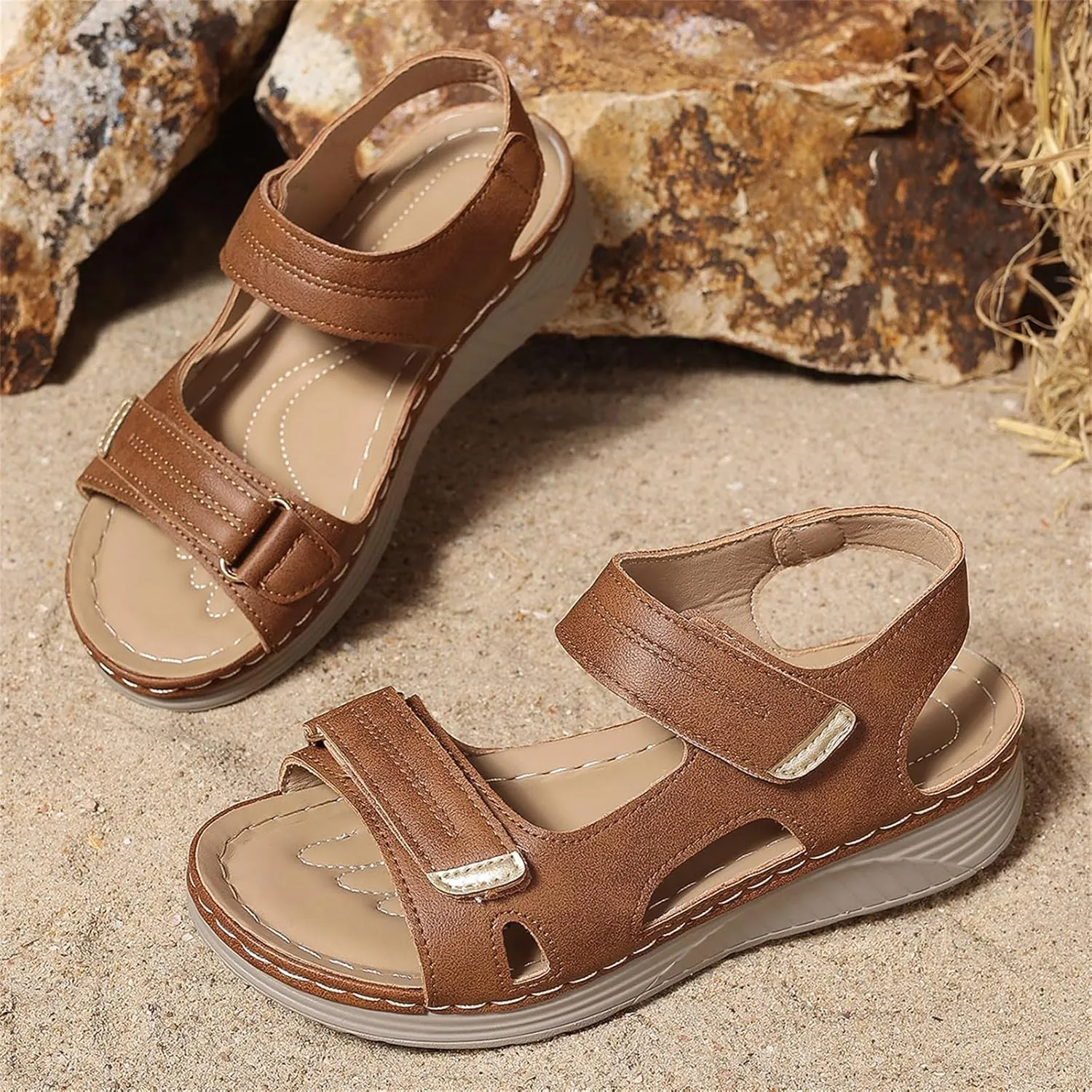 Women Comfortable Sandals Orthotic Walking Orthopedic Arch Support Dressy Casual Platform Hollow Flat Sandal Non-Slip Peep Toe Slingback Wide Width Adjustable Hook Loop Flip Flops