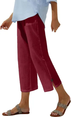 Women Linen Pants Summer and Linen Buttoned Cropped Pants with Elastic Waist for Women's Womens Linen Pants Straight Leg