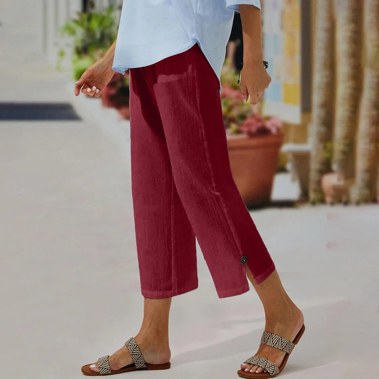 Women Linen Pants Summer and Linen Buttoned Cropped Pants with Elastic Waist for Women's Womens Linen Pants Straight Leg