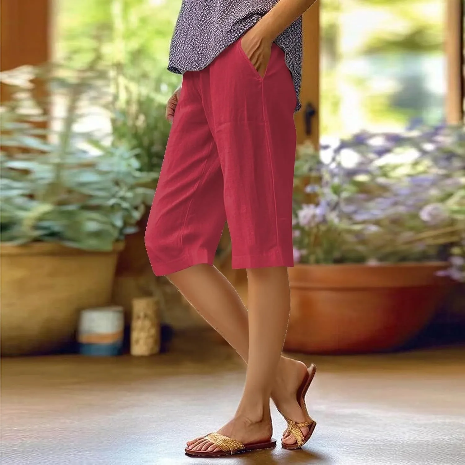Women Linen Pants Summer Waist Cotton Trouser Cropped Wide Leg Pants High Waist Linen Pants Women