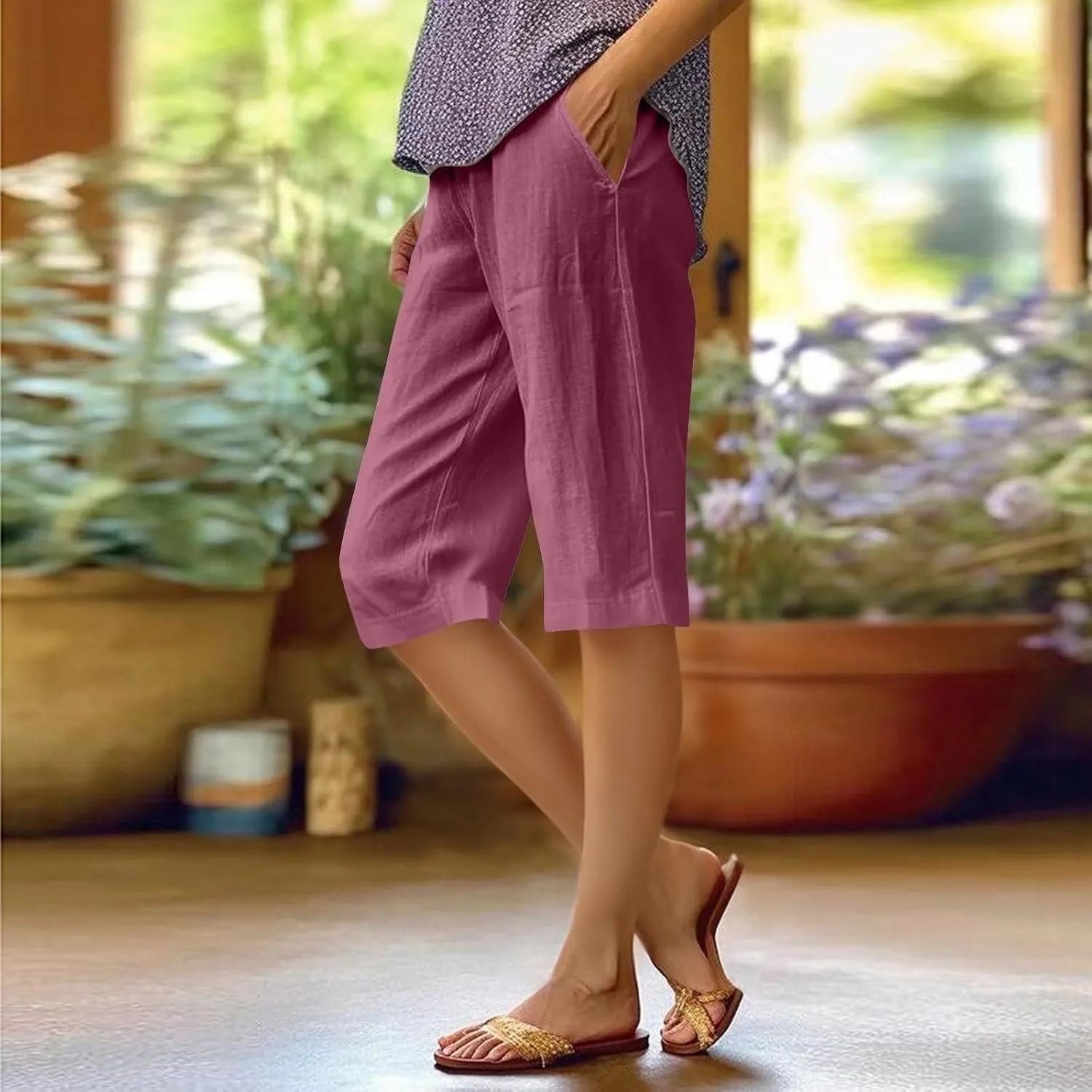 Women Linen Pants Summer Waist Cotton Trouser Cropped Wide Leg Pants High Waist Linen Pants Women