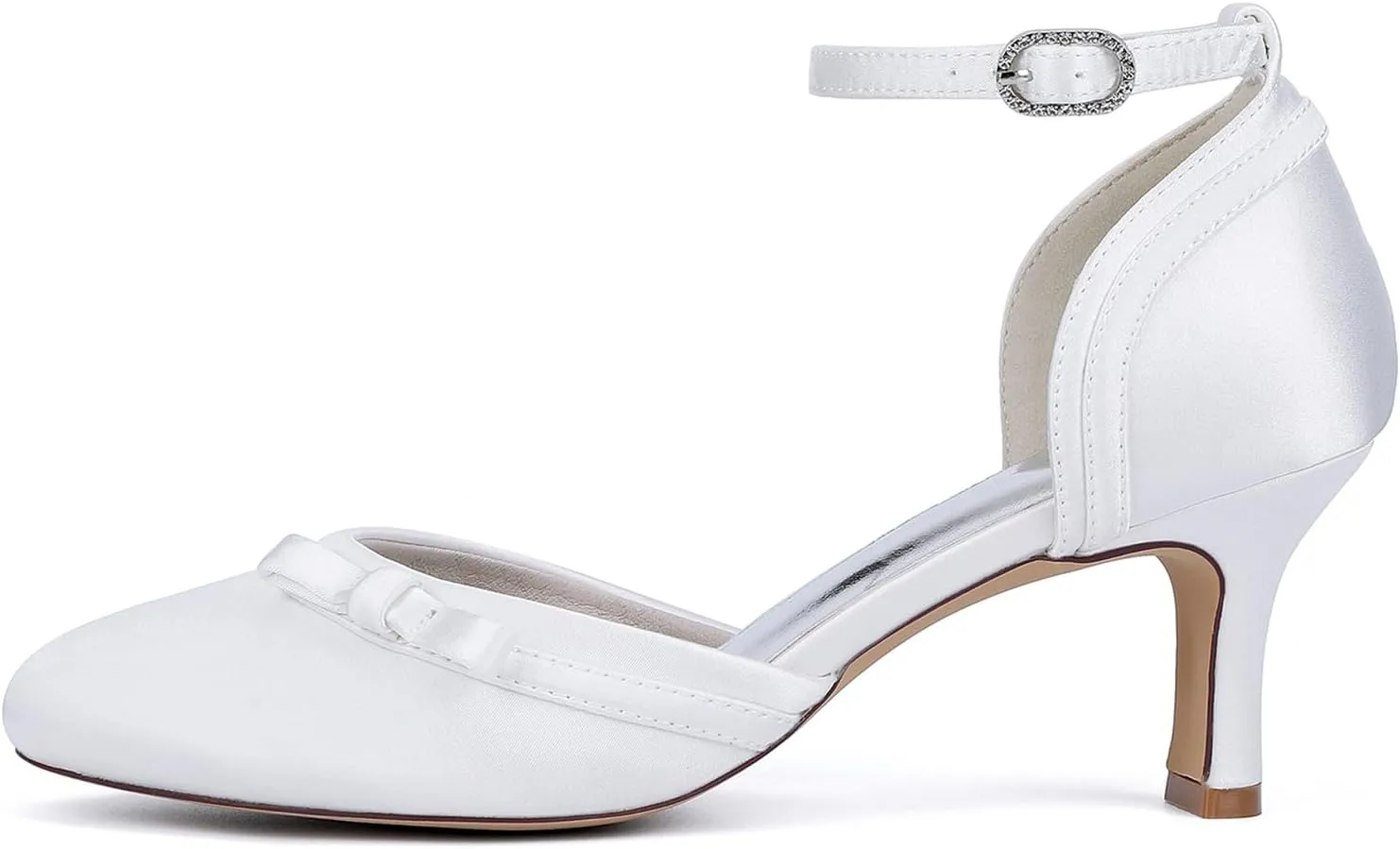 Women Mid Heels Wedding Bridal Shoes Round Toe Satin Ankle Strap Sandals Prom Evening Party Dress Pumps